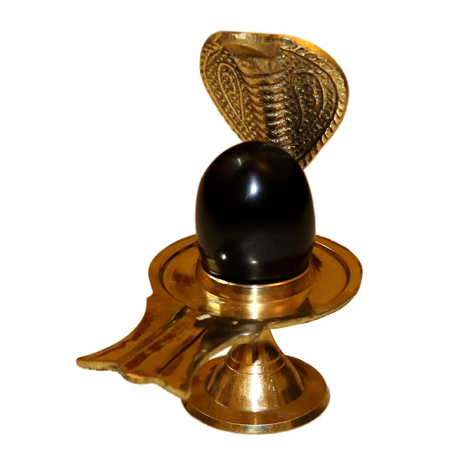 Polished Black Stone Shiva Lingam with Brass Yoni Base - Distressed Vintage Look with Hand-rubbed Pigments