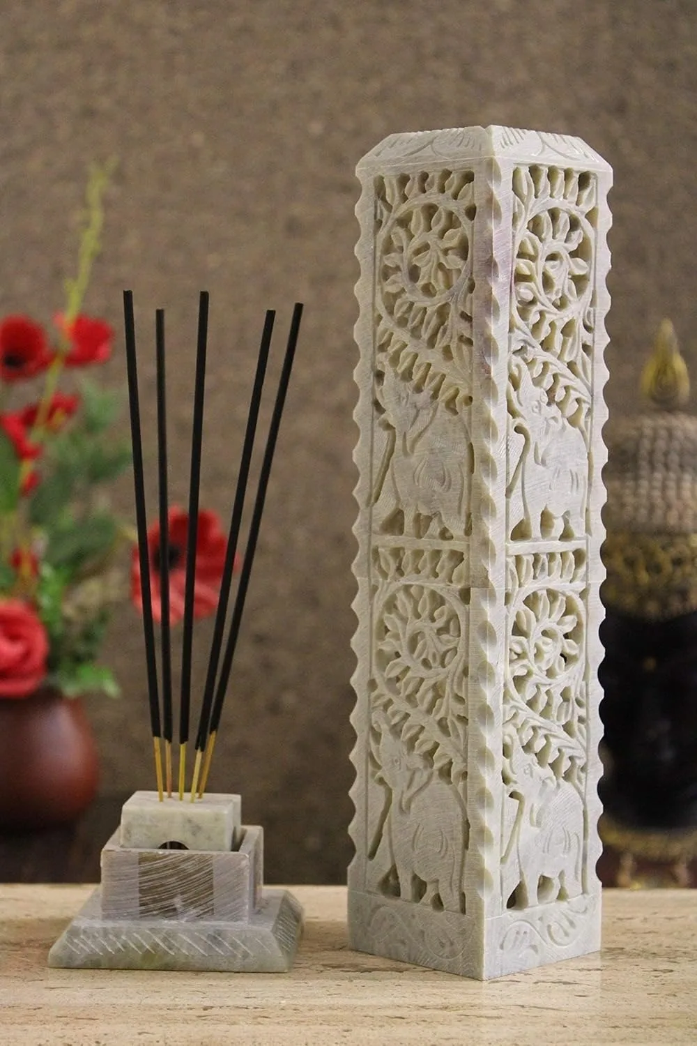 Soapstone Incense Stick Tower with Floral Piercings Handpainted Finish using Organic Vegetable Dyes
