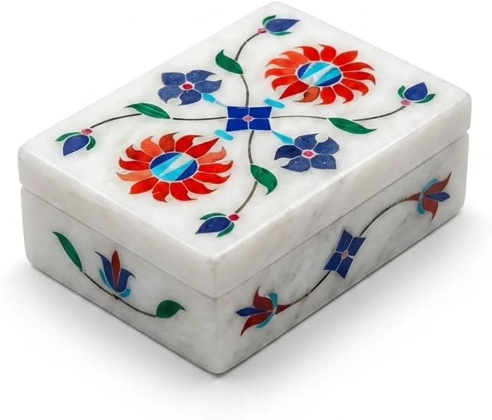 White Marble Jewelry Box with Lapis Lazuli Floral Inlay Intricate Lattice Openwork Chased Style