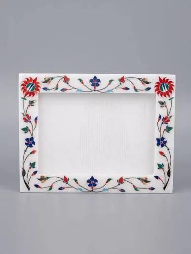 Inlaid Marble Photo Frame with Mother of Pearl Accents Handpainted Finish using Organic Vegetable Dyes_1