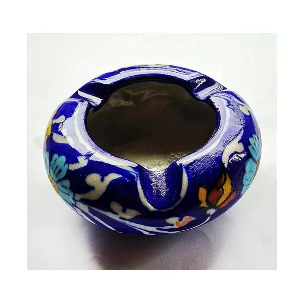 Blue Pottery Ashtray Dish Floral Patterns Gold Leaf Work and Embossed Paint Trims