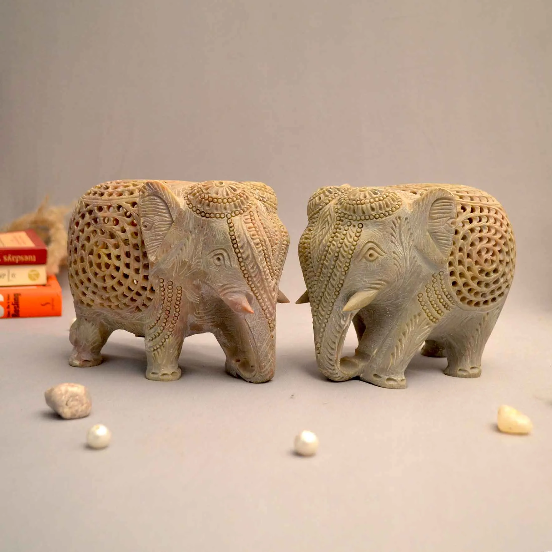 Softstone Hand-Carved Under-cut Elephant Figurine Traditional Oil-rubbed High Lustre Polish