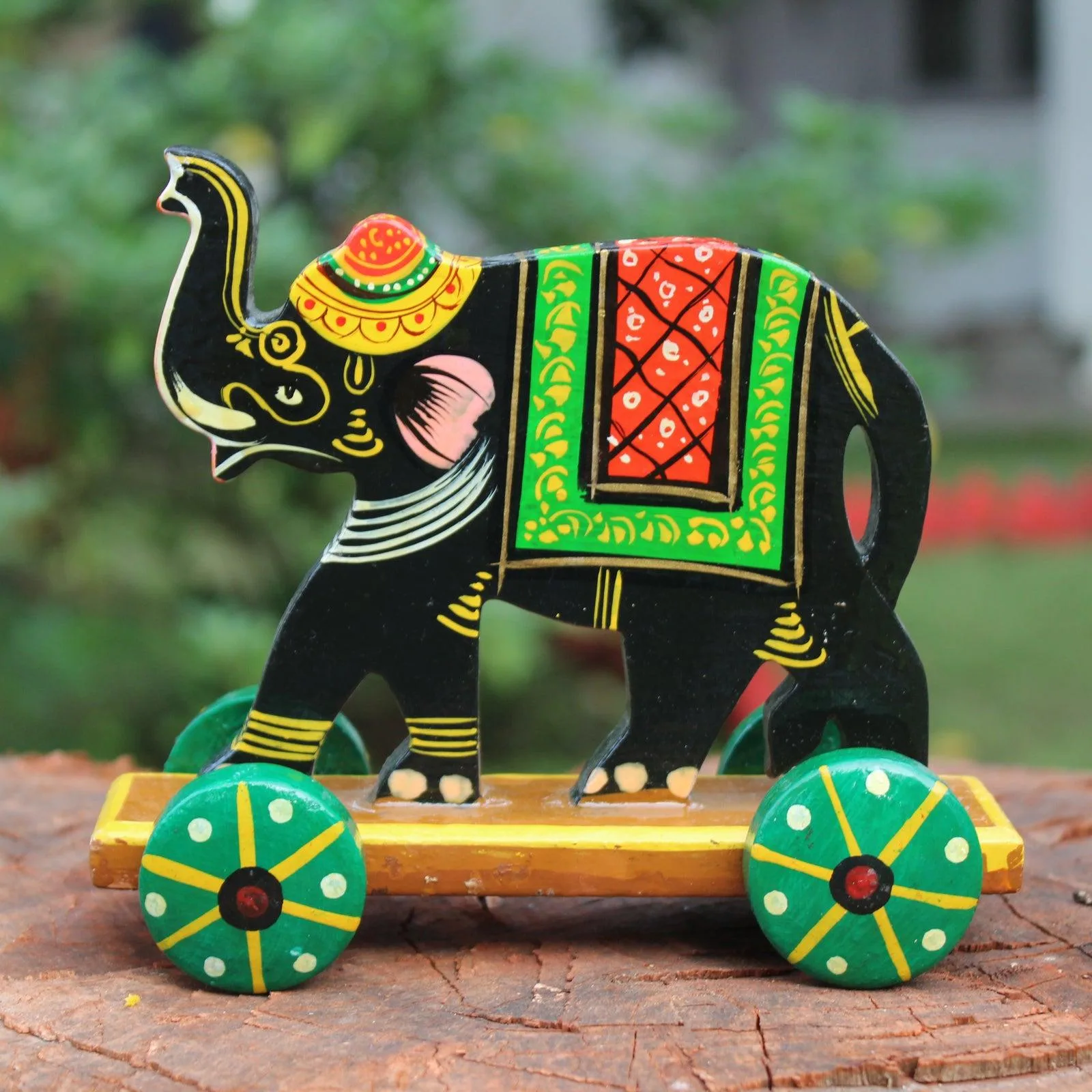 Lacquer Painted Wooden Pull-Along Elephant Toy Gold Leaf Work and Embossed Paint Trims