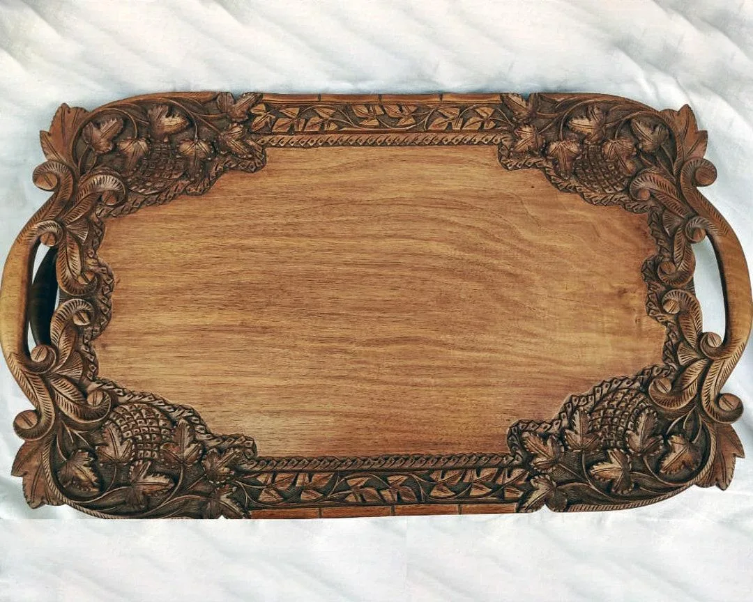 Walnut Wood Single-Piece Carved Serving Platter Distressed Vintage Look with Hand-rubbed Pigments