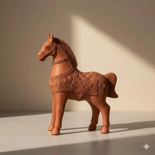 Baked Clay Horse Figurine with Elaborate Saddle Detailing Intricate Lattice Openwork Chased Style