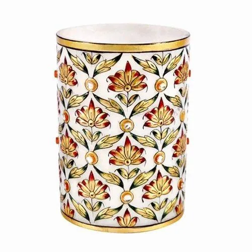 Gold Embossed Marble Pen Stand and Card Holder Set Intricate Lattice Openwork Chased Style