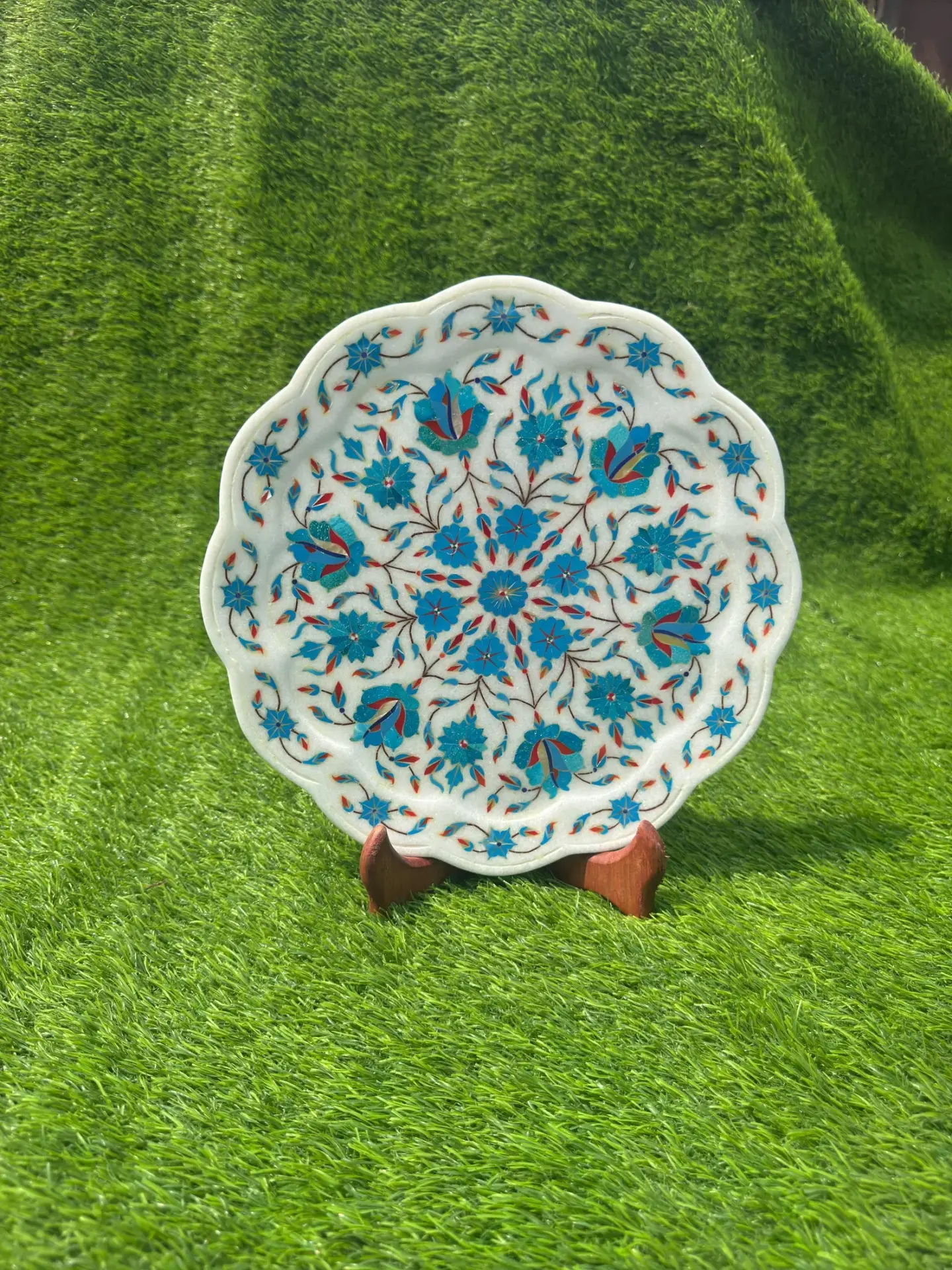 Pietra Dura Platter featuring Cornelian and Turquoise Florals Antique Finish with Matte Wax Polish