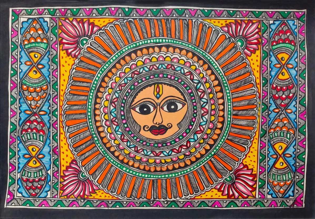 Sun God Divine Energy Monochrome Line Painting Frame Gold Leaf Work and Embossed Paint Trims