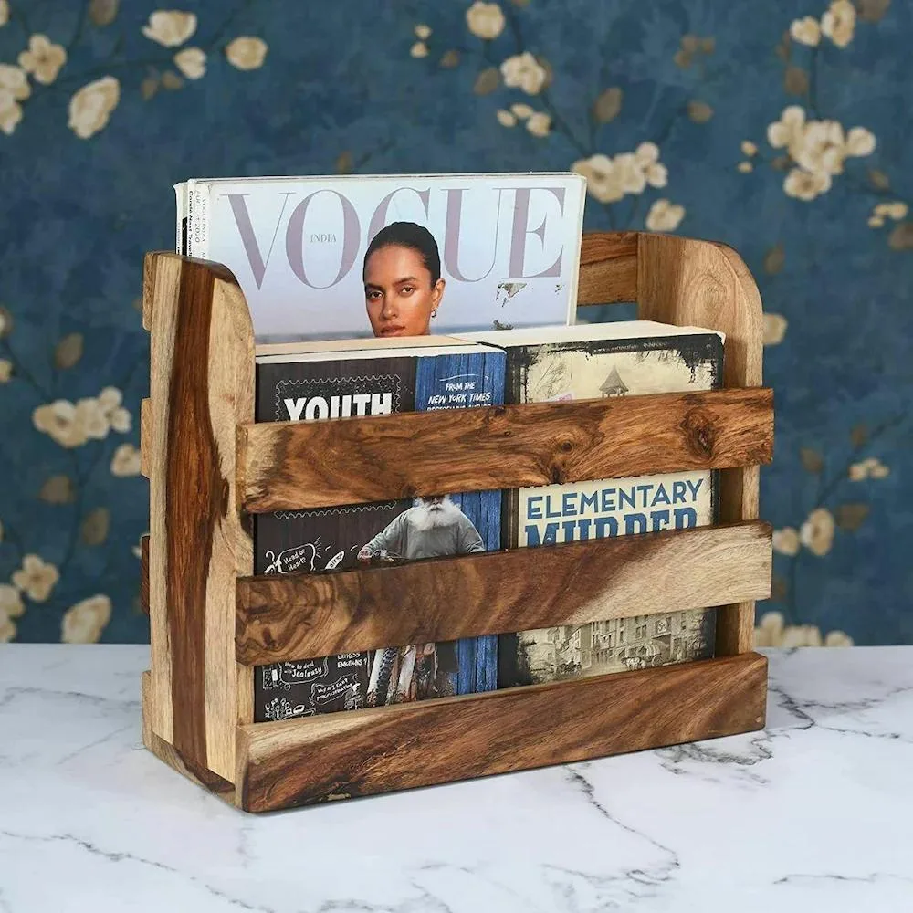 Sheesham Wood Collapsible Magazine Holder Rack Distressed Vintage Look with Hand-rubbed Pigments