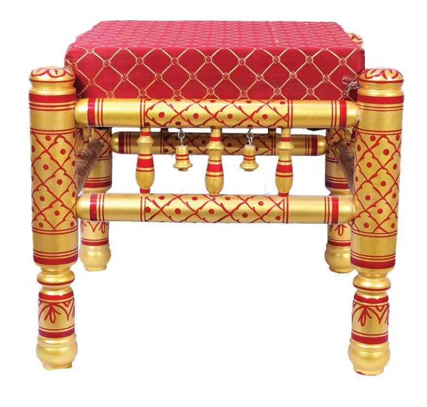 Sankheda Lacquered Teak Wood Low Seated Pidhi Stool Gold Leaf Work and Embossed Paint Trims