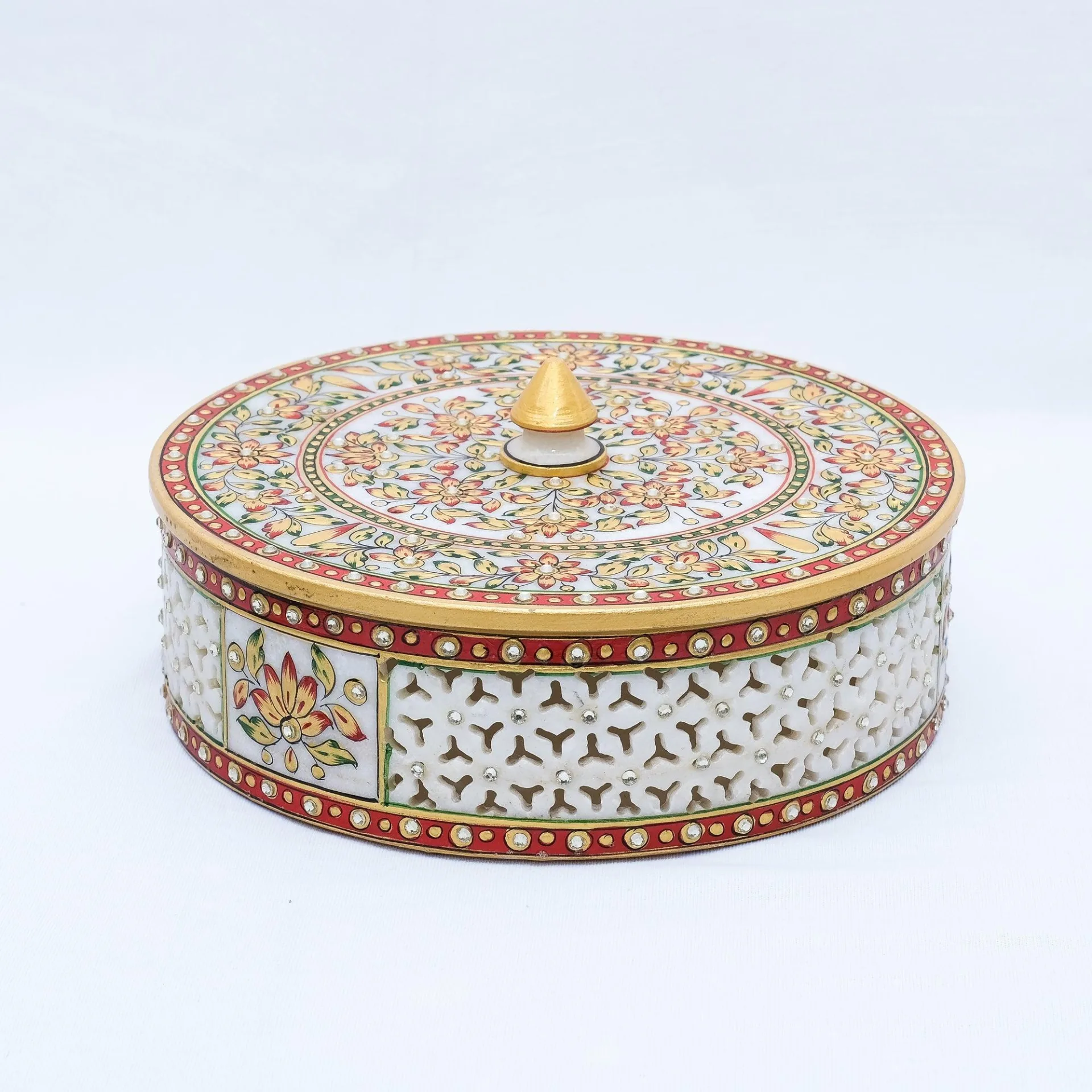 Marble Jewelry Chest with Meenakari and Stone Studding Gold Leaf Work and Embossed Paint Trims