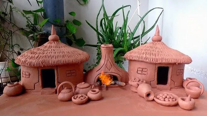Gorakhpur Clay Miniature Village Hut Showcase Decor Distressed Vintage Look with Hand-rubbed Pigments