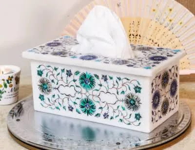 White Marble Tissue Box Case with Jasper Inlay Traditional Oil-rubbed High Lustre Polish