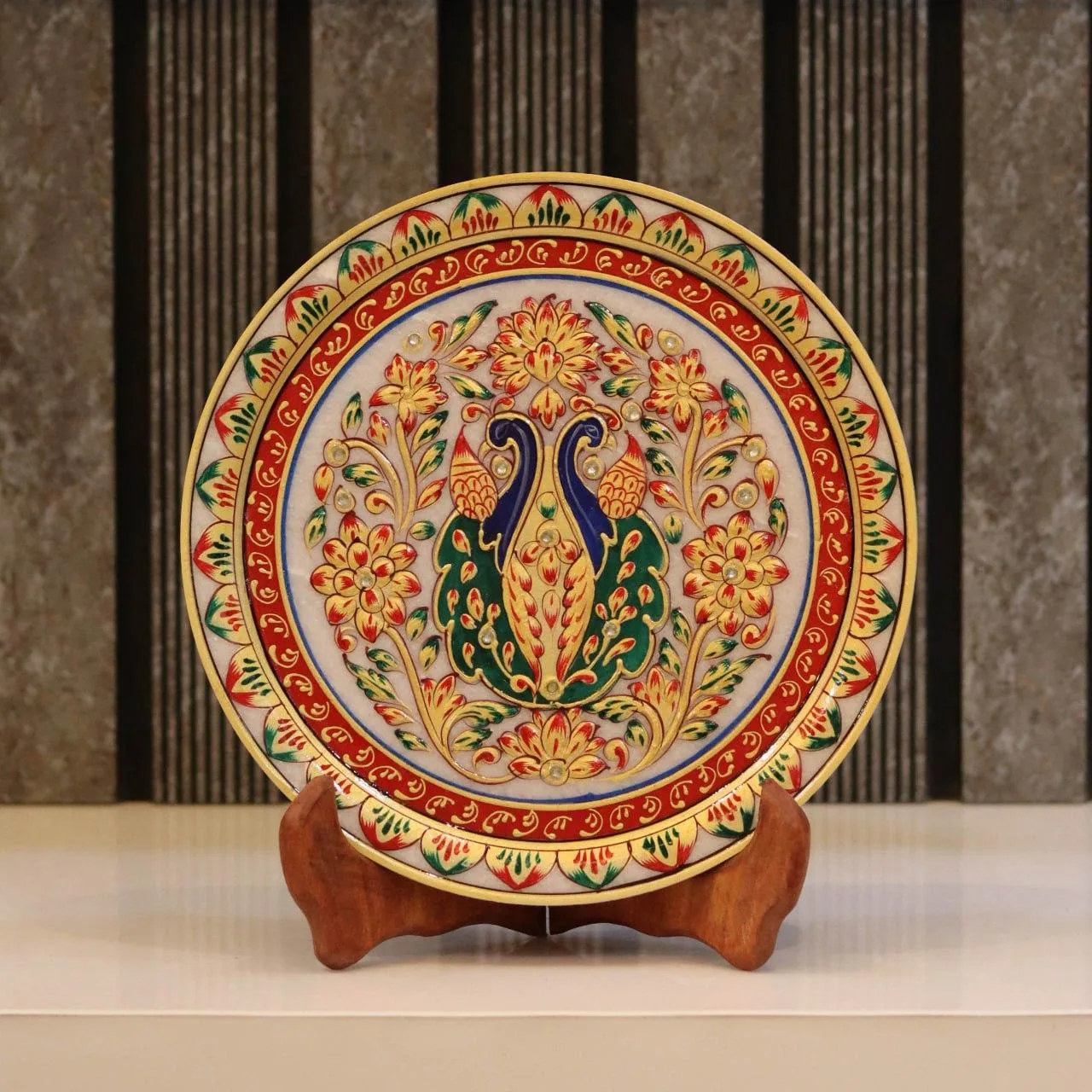 Gold Foil Embossed Marble Wall Plate with Peacock Motif Distressed Vintage Look with Hand-rubbed Pigments