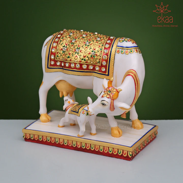 Alabaster Kamadhenu Cow and Calf Figurine with Meenakari Painting - Gold Leaf Work and Embossed Paint Trims