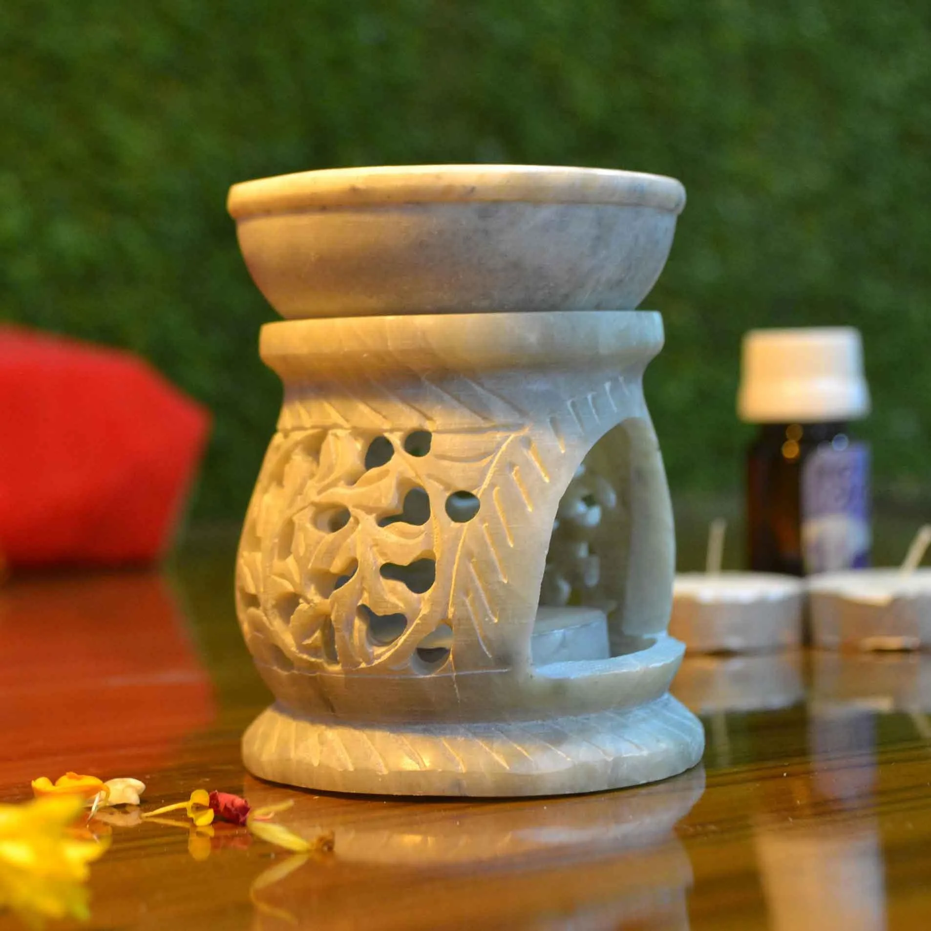 Soapstone Aromatherapy Oil Burner with Lattice Carving Distressed Vintage Look with Hand-rubbed Pigments