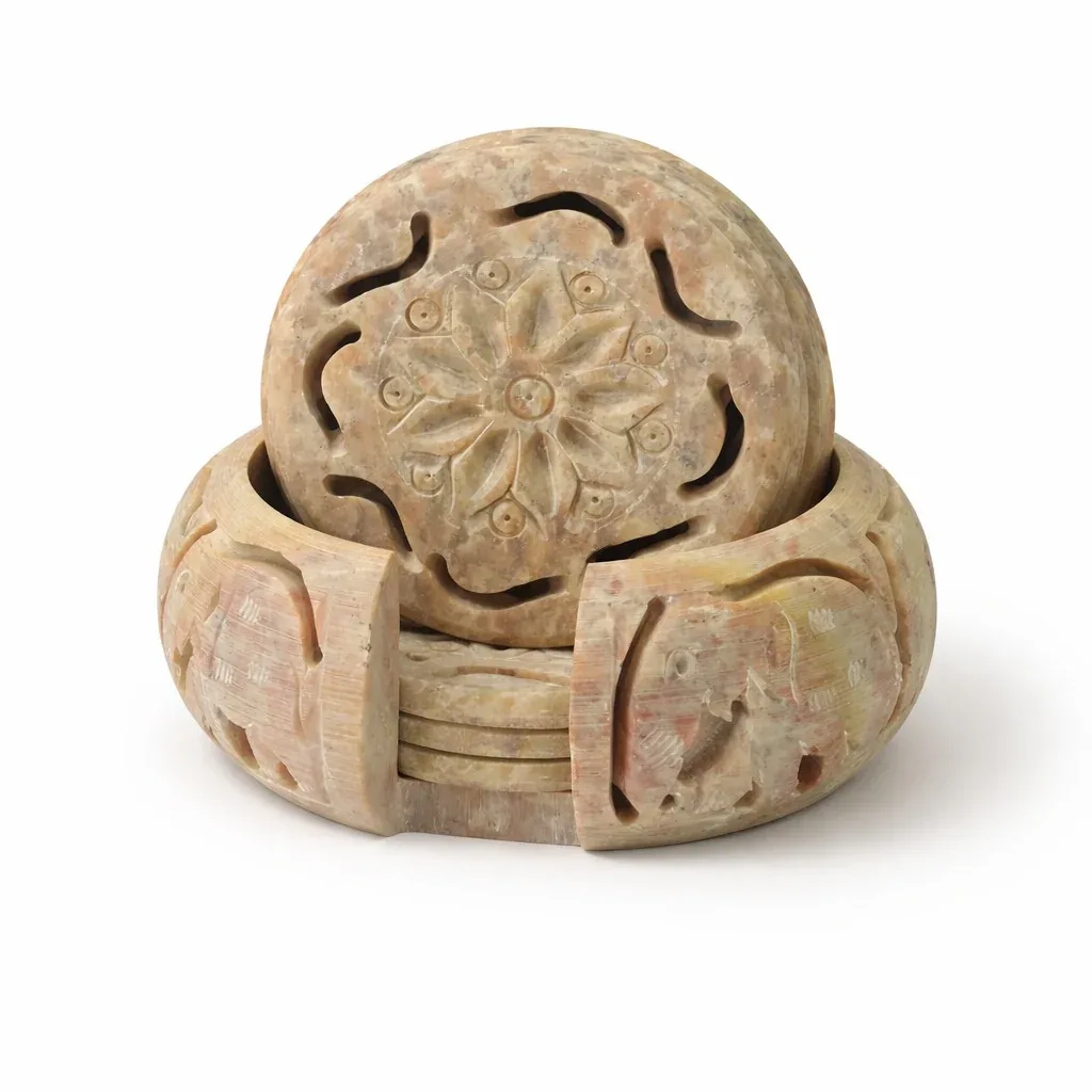 Carved Soapstone Coaster Tree Holder Stand Antique Finish with Matte Wax Polish