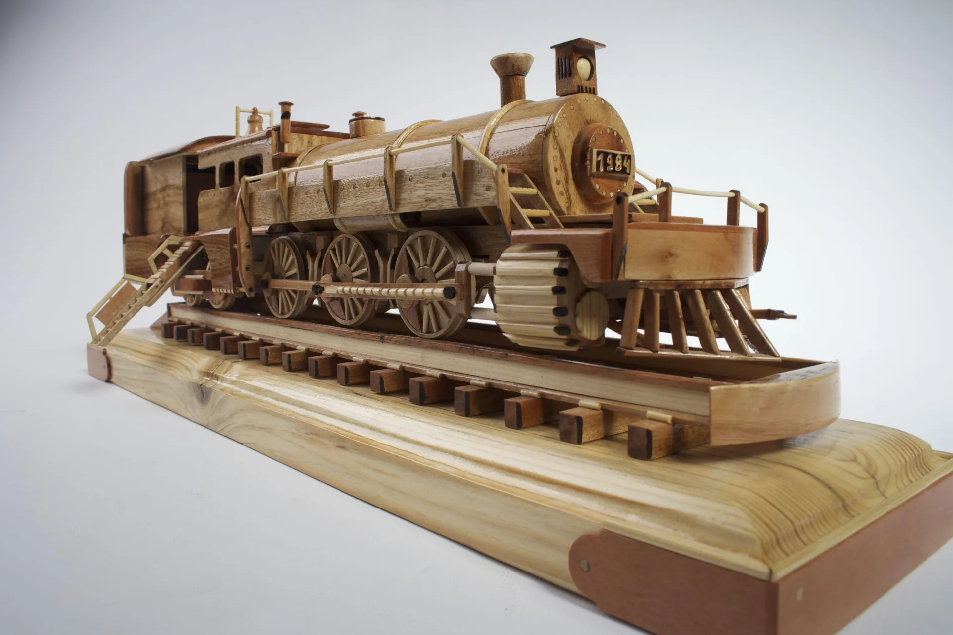 Handmade Wooden Mechanical Train Set with Tracks Gold Leaf Work and Embossed Paint Trims