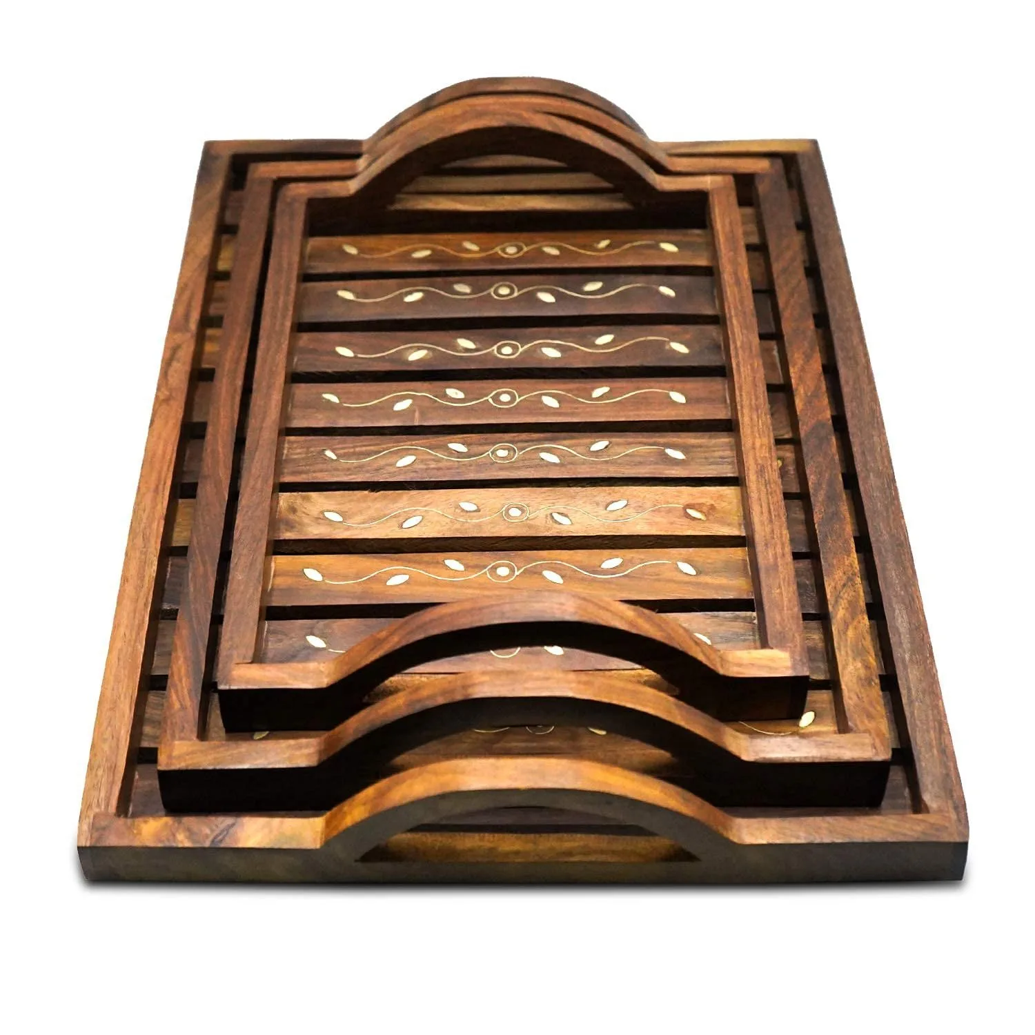 Sheesham Wood Nested Serving Trays with Brass Handles Handpainted Finish using Organic Vegetable Dyes