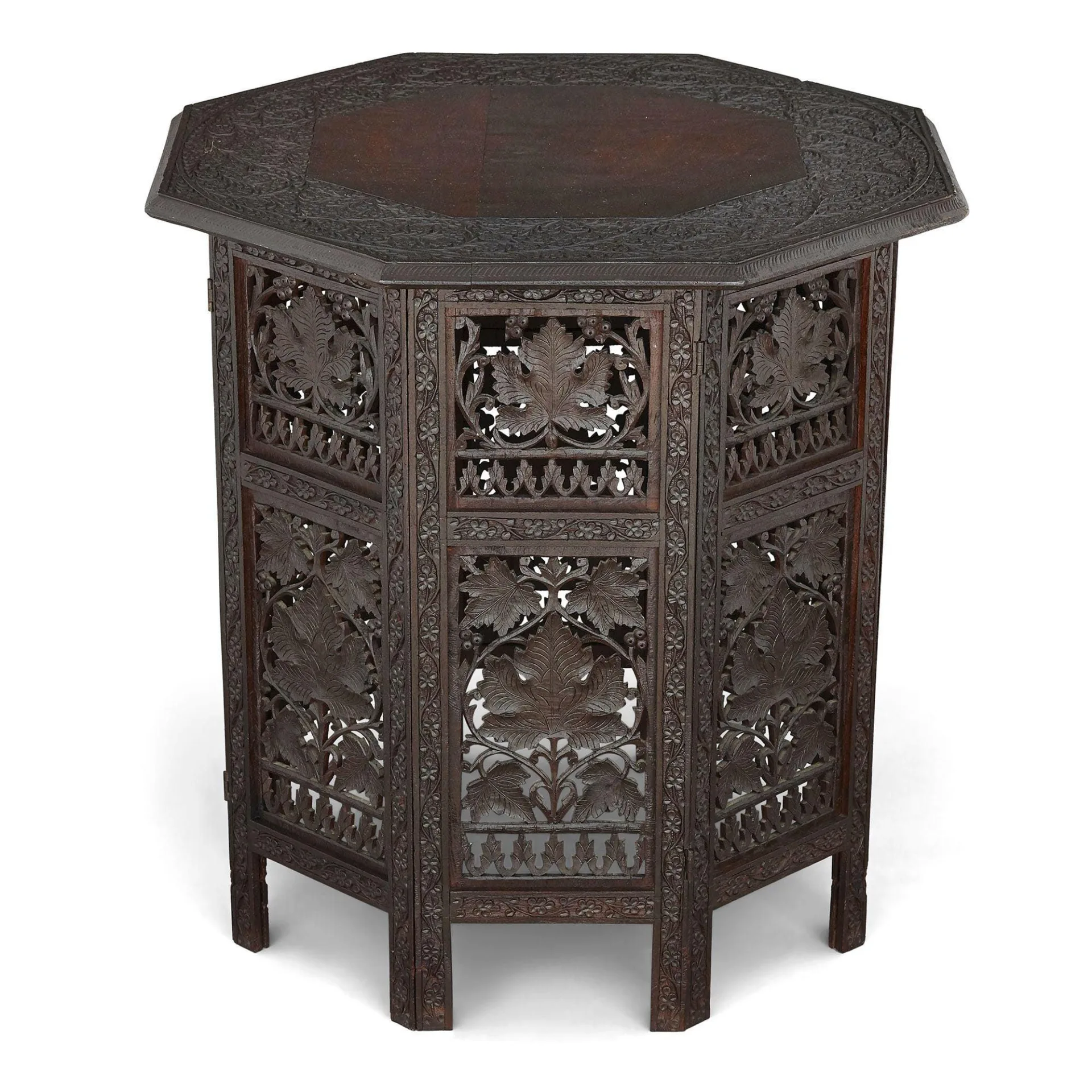 Intricately Carved Walnut Wood Hexagonal Nesting Tables Antique Finish with Matte Wax Polish