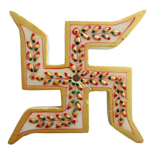 Meenakari Painted Marble Swastik Symbol Floor Plaque Gold Leaf Work and Embossed Paint Trims