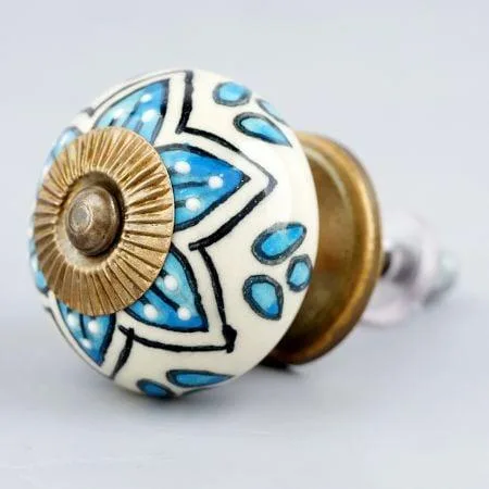 Blue Pottery Geometric Door Knob Set for Cabinets Antique Finish with Matte Wax Polish