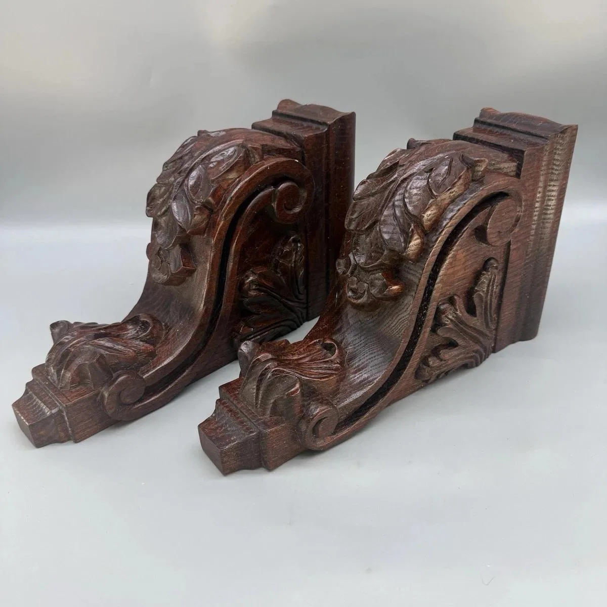 Carved Wooden Wall-Hanging Corbel Bracket Pair Antique Finish with Matte Wax Polish