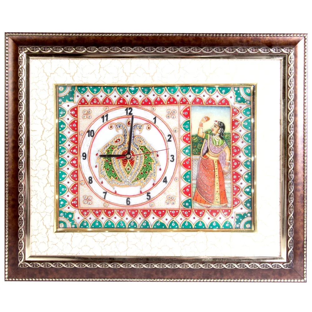 Marble Clock Frame with Miniature Rajasthani Painting Border Distressed Vintage Look with Hand-rubbed Pigments