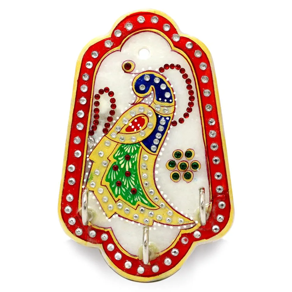 Kundan Work Marble Key Holder Hanger Box Plaque Handpainted Finish using Organic Vegetable Dyes