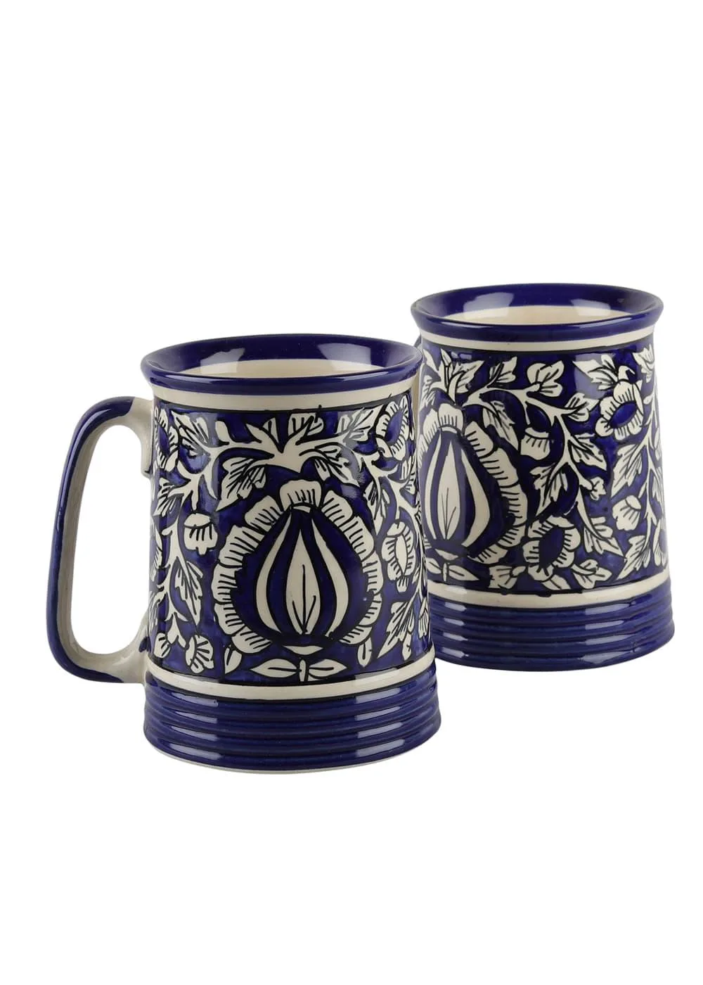 Blue Pottery Cylindrical Beer Mug Traditional Glaze Distressed Vintage Look with Hand-rubbed Pigments