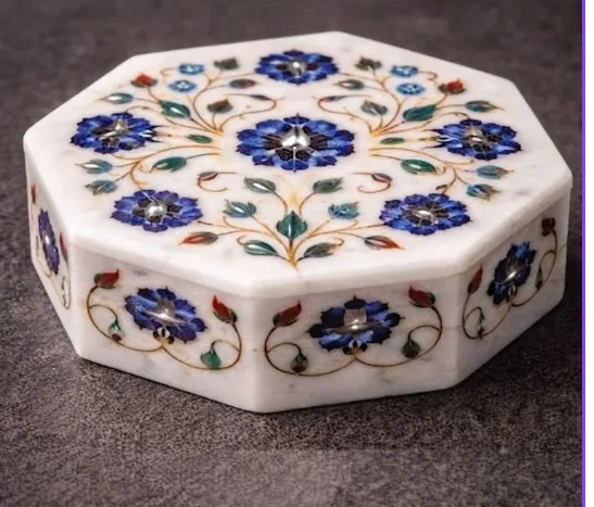 Agra Pietra Dura Octagonal Marble Coaster Set Handpainted Finish using Organic Vegetable Dyes
