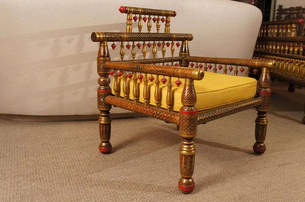 Sankheda Style High-Back Royal Armchair Gold Leaf Work and Embossed Paint Trims
