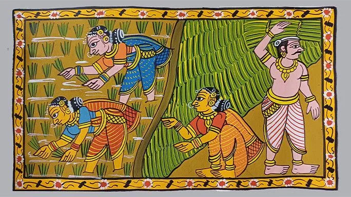 Cheriyal Art Agriculture Cycle Sowing and Reaping Wall Scroll Antique Finish with Matte Wax Polish
