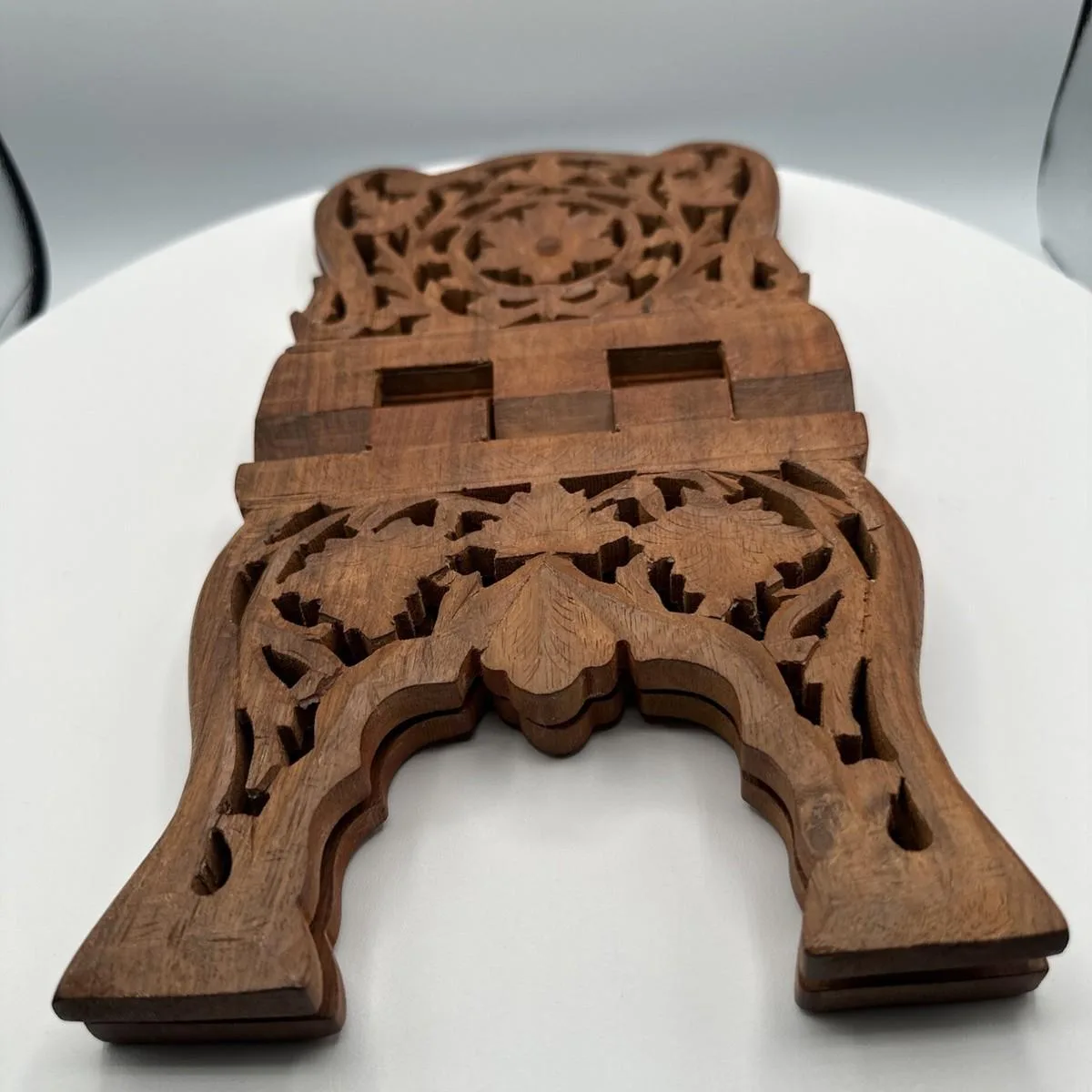 Kashmiri Walnut Wood Reclining Quran Holy Book Stand Traditional Oil-rubbed High Lustre Polish