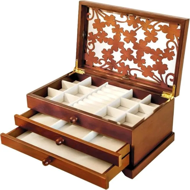 Teak Wood Lattice Work Jewelry Chest with Secret Drawer Traditional Oil-rubbed High Lustre Polish