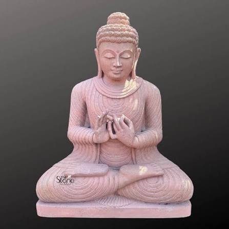 Pink Sandstone Meditating Buddha Statue in Dhyana Mudra - Antique Finish with Matte Wax Polish