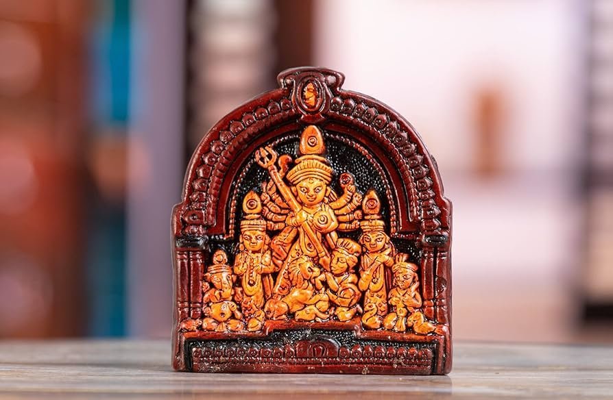 Carved Alabaster Durga Murti with Terracotta Color Accents - Intricate Lattice Openwork Chased Style