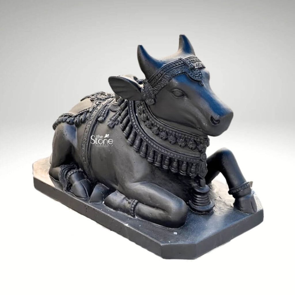 Granite Stone Nandi Bull Sculpture Matte Finish Intricate Lattice Openwork Chased Style