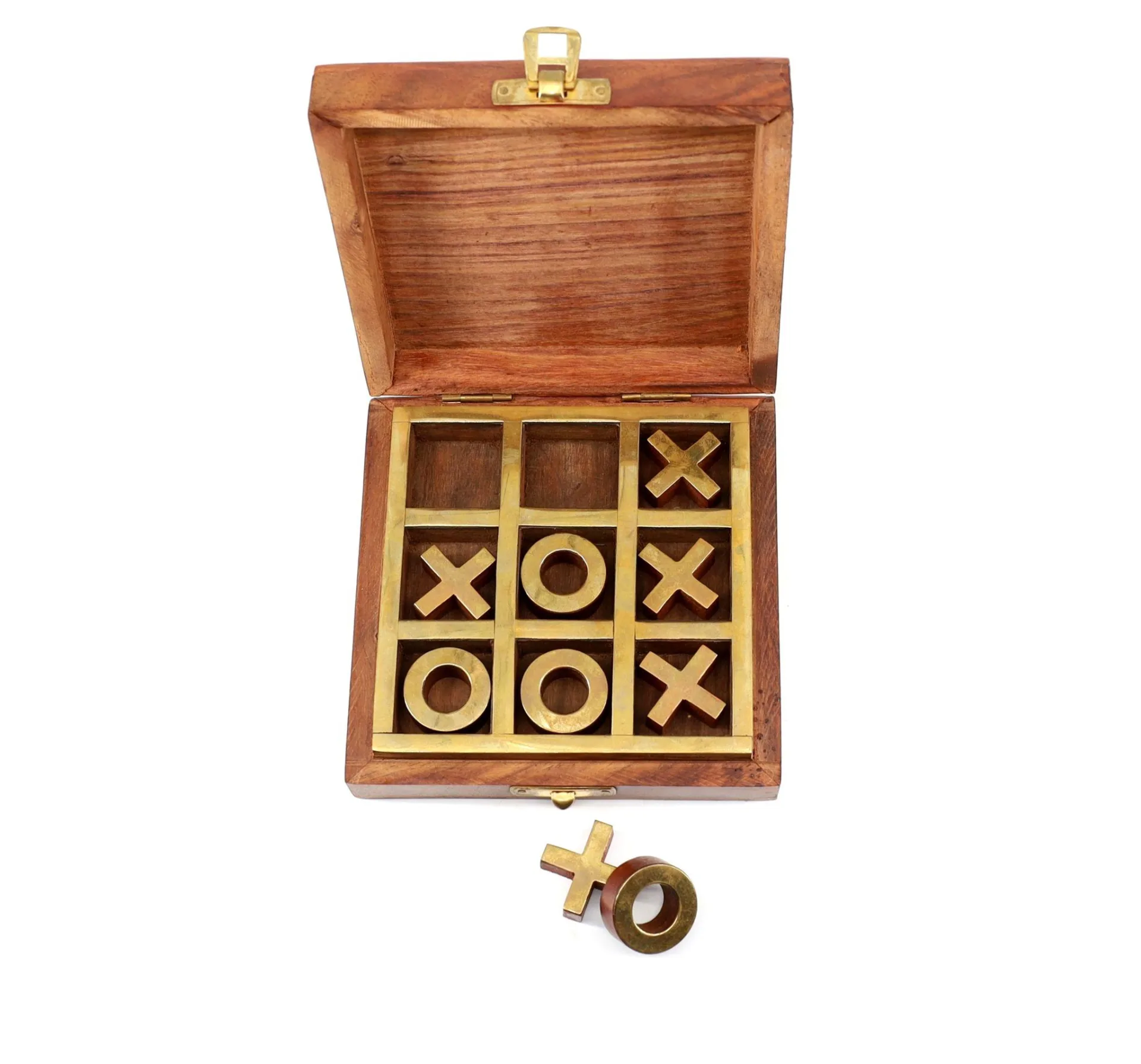 Wooden Tic-Tac-Toe Game with Brass and Lacquer Pieces Antique Finish with Matte Wax Polish