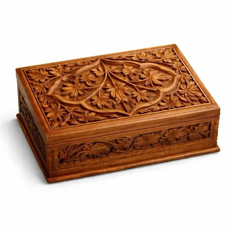 Hand-Carved Walnut Wood Double-Lidded Jewelry Chest Handpainted Finish using Organic Vegetable Dyes