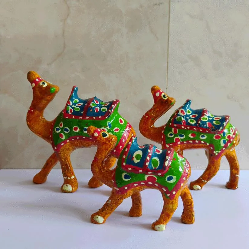 Handmade Clay Camel Caravan Figurine Set of Three Distressed Vintage Look with Hand-rubbed Pigments