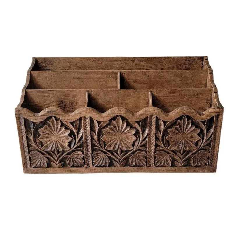Walnut Wood Stationery Desk Organizer Tray Distressed Vintage Look with Hand-rubbed Pigments