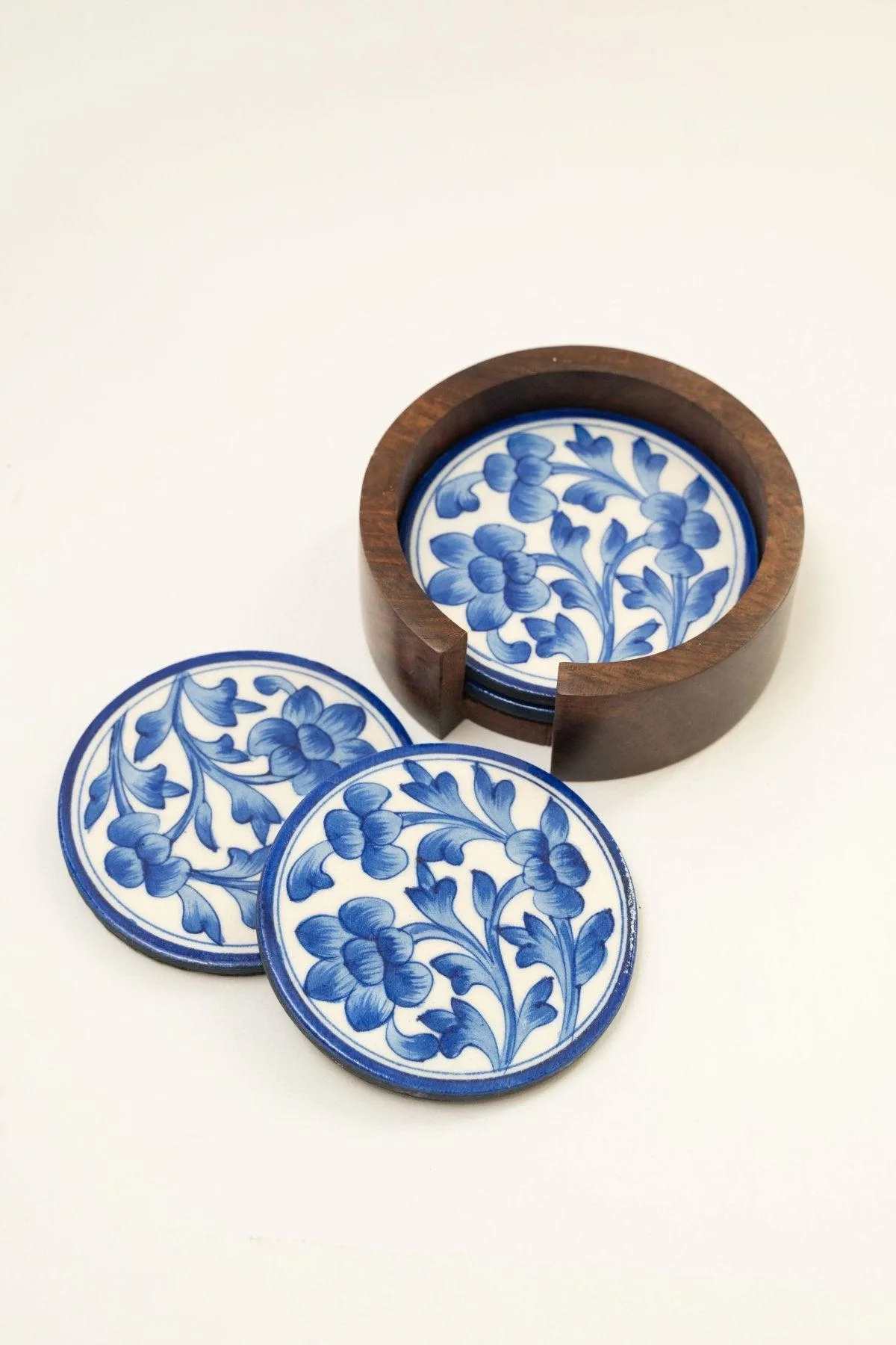 Blue Pottery Coaster Hexagonal Set with Stand Handpainted Finish using Organic Vegetable Dyes