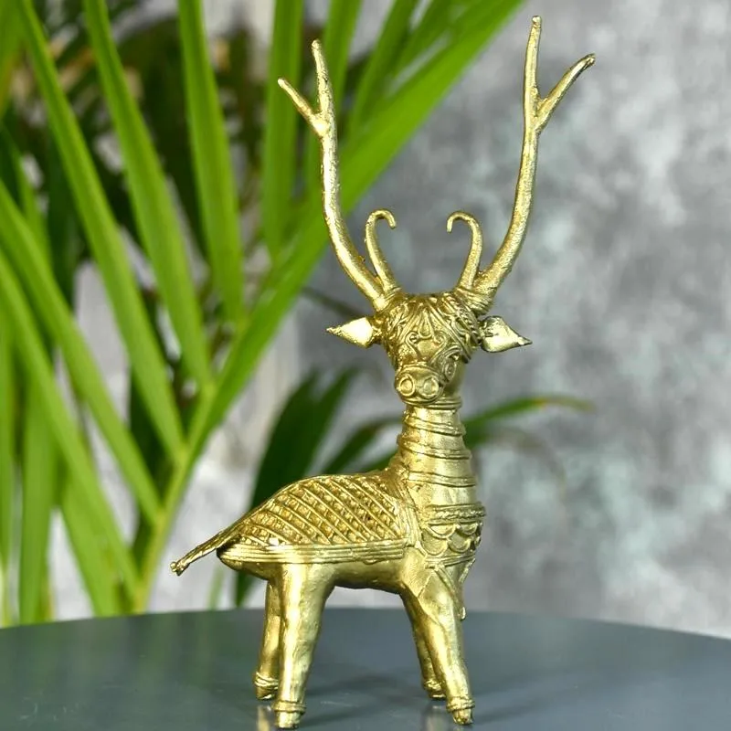 Antlered Stag Deer Dhokra Bronze Casting Sculpture Traditional Oil-rubbed High Lustre Polish