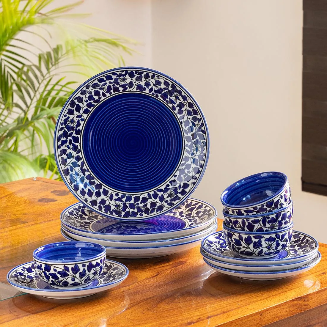 Blue and White Ceramic Dinner Plate Set of Four Intricate Lattice Openwork Chased Style