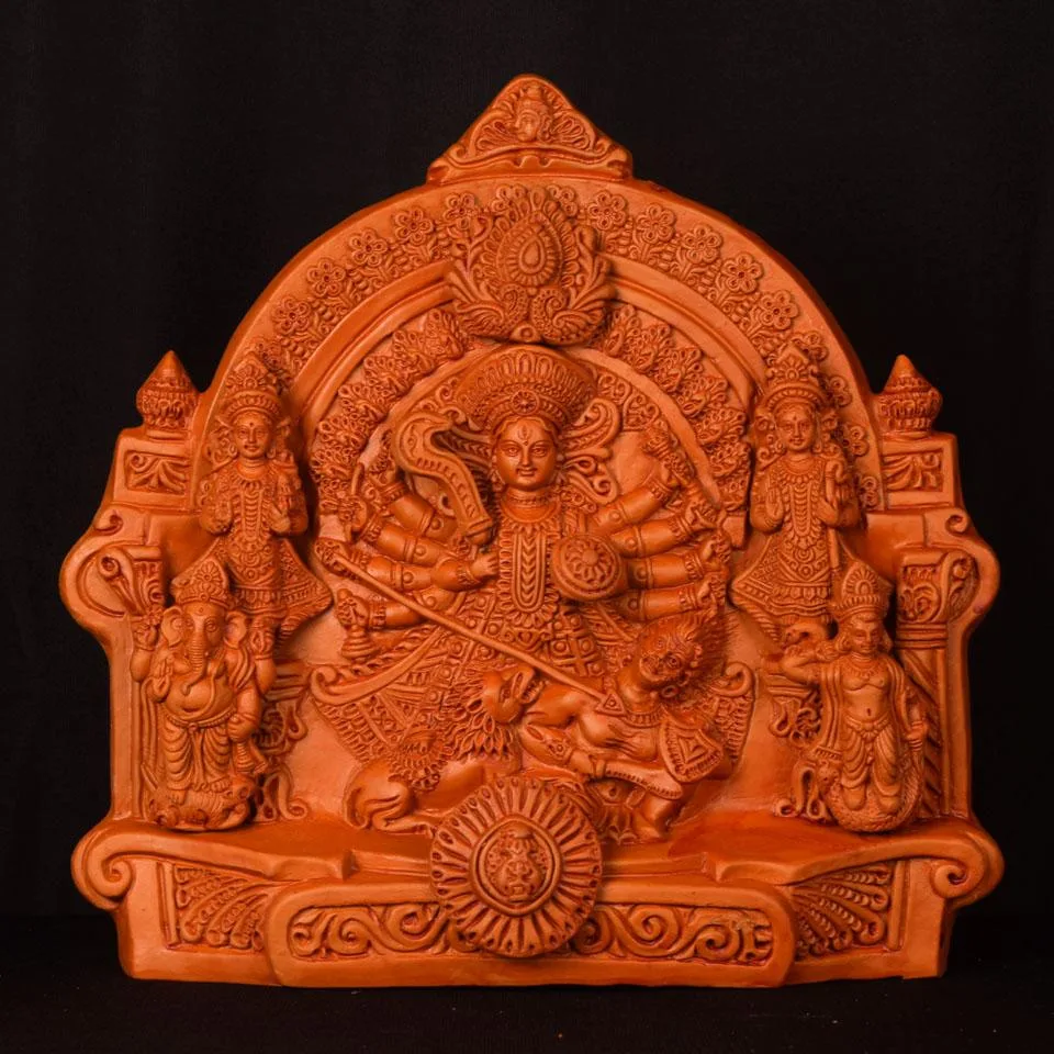 Gorakhpur Terracotta Traditional Tribal Goddess Idol Plaque Gold Leaf Work and Embossed Paint Trims