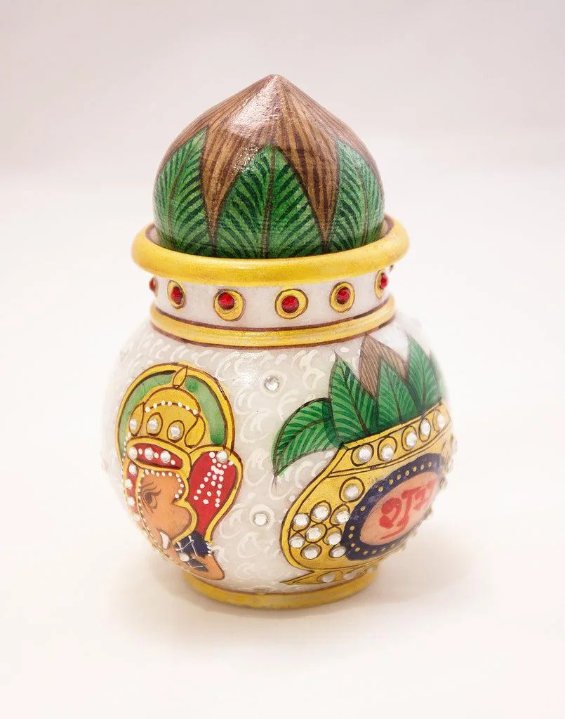 Kundan Embellished Marble Kalash Pot for Festive Decor Antique Finish with Matte Wax Polish