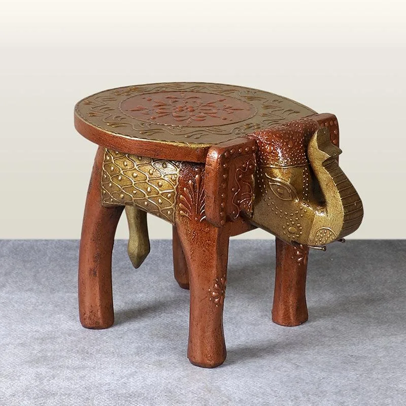 Hand-Engraved Elephant Shape Wooden Low Pidhi Stool Intricate Lattice Openwork Chased Style
