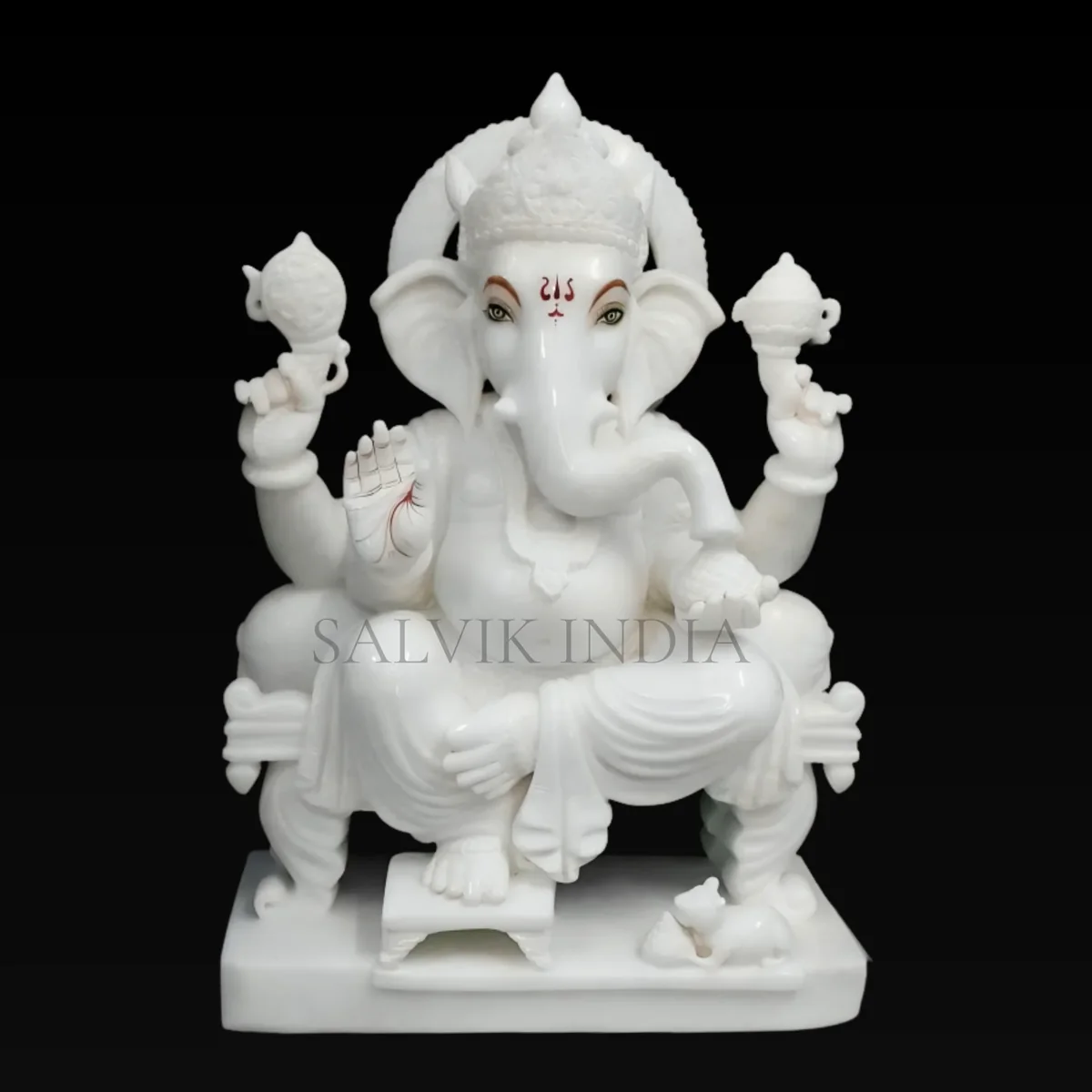 White Makrana Marble Ganesha Idol with Gold Leaf Work - Antique Finish with Matte Wax Polish