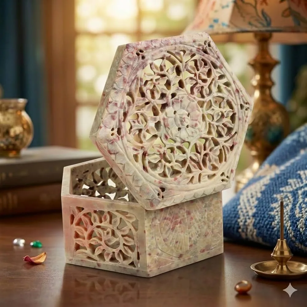 Octagonal Marble Incense Box with Openwork Jali Intricate Lattice Openwork Chased Style